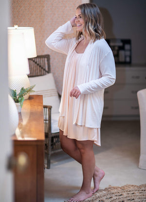 Nightgown with built in bra and blush stripes cardigan