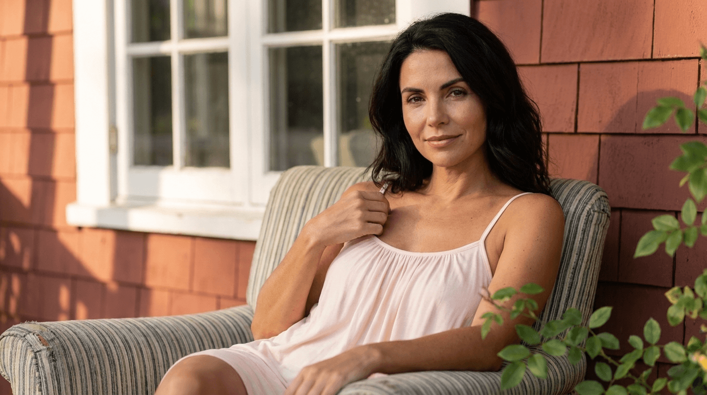 Women's blush pink Amelia nightgown with built-in bra, worn outdoors at sunset