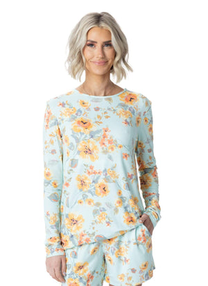 JuJu Jams Blake Long Sleeve Tee in mint floral paired with matching loungewear shorts, front view
