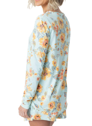JuJu Jams Blake Long Sleeve Tee in mint floral print, side view showing sleeve and hem length