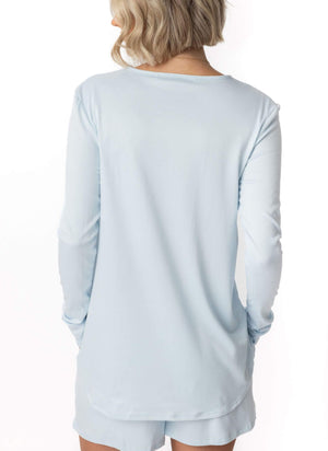 JuJu Jams Blake Long Sleeve Tee in morning mist with built-in mesh shelf bra, back view paired with matching shorts