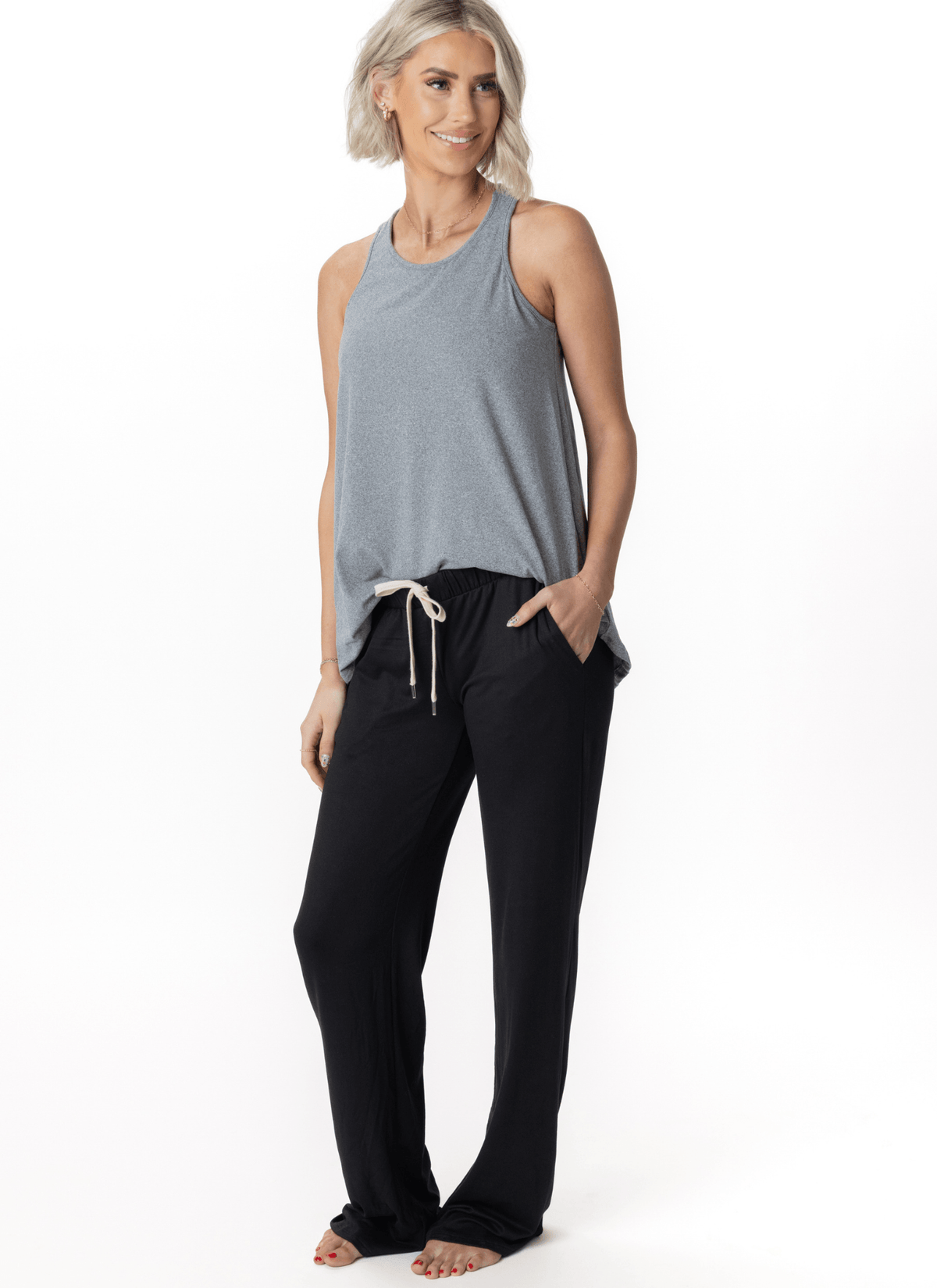 JuJu Jams Harper Pajama Pants in black paired with dark heather Jessie Racerback Tank, full length front view