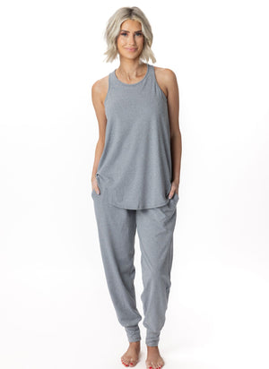 JuJu Jams Jackie Joggers in dark heather grey paired with matching Jessie Racerback Tank, full length front view