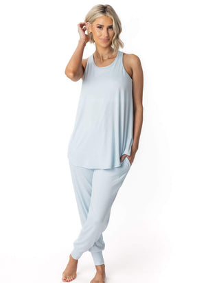 JuJu Jams Jackie Joggers in morning mist with flat waistband and pockets, paired with matching racerback tank