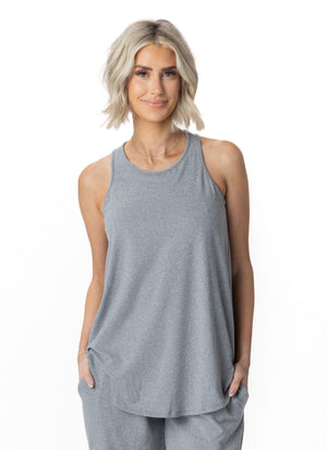 JuJu Jams Jessie Racerback Tank in dark heather grey with built-in mesh shelf bra, front view