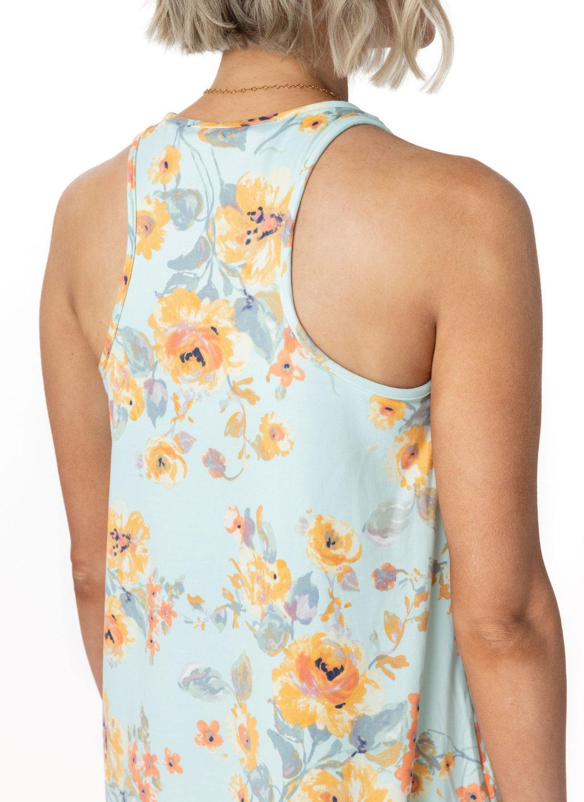 Racerback detail of JuJu Jams Jessie sleep tank showing racerback construction, mint floral print