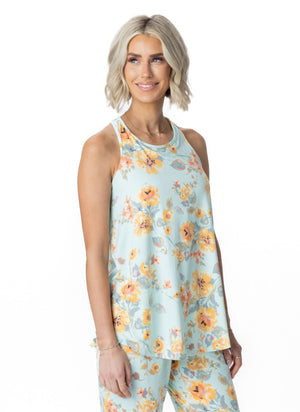 JuJu Jams Jessie Racerback Tank in mint floral print with built-in mesh shelf bra, front view