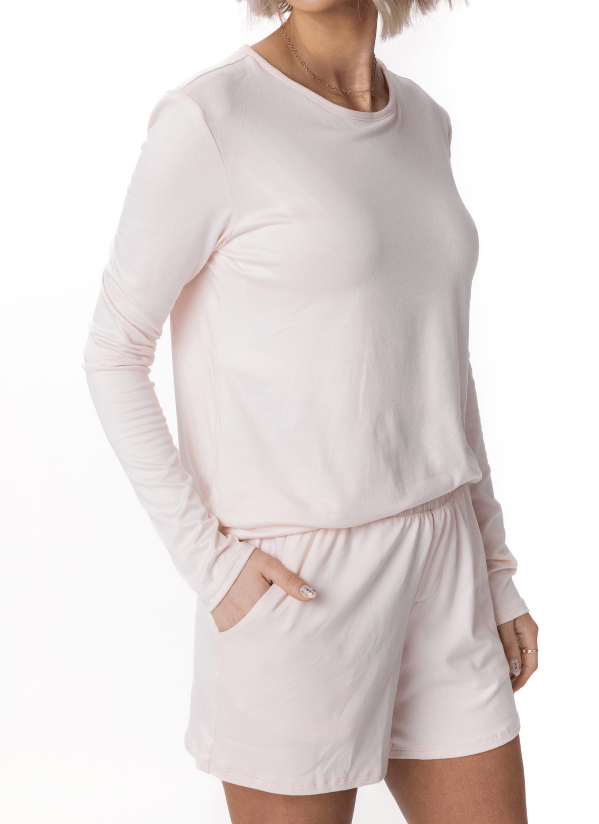 JuJu Jams Natalia Shorts in barely blush with flat waistband and pockets, paired with matching long sleeve tee