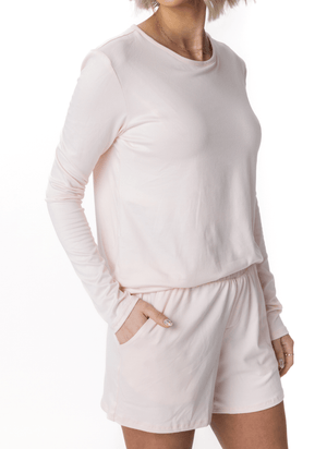 JuJu Jams Natalia Shorts in barely blush with flat waistband and pockets, paired with matching long sleeve tee
