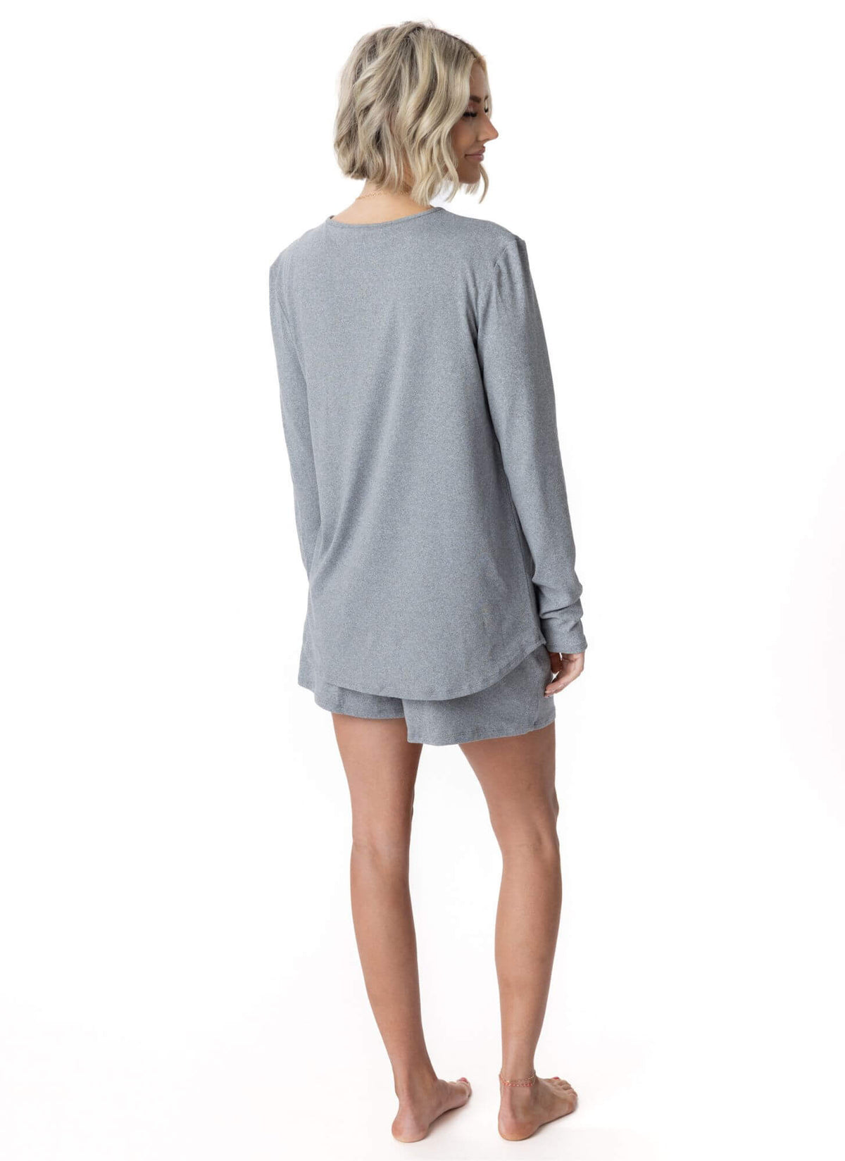 JuJu Jams Natalia Shorts in dark heather grey, back view showing fit and hem length