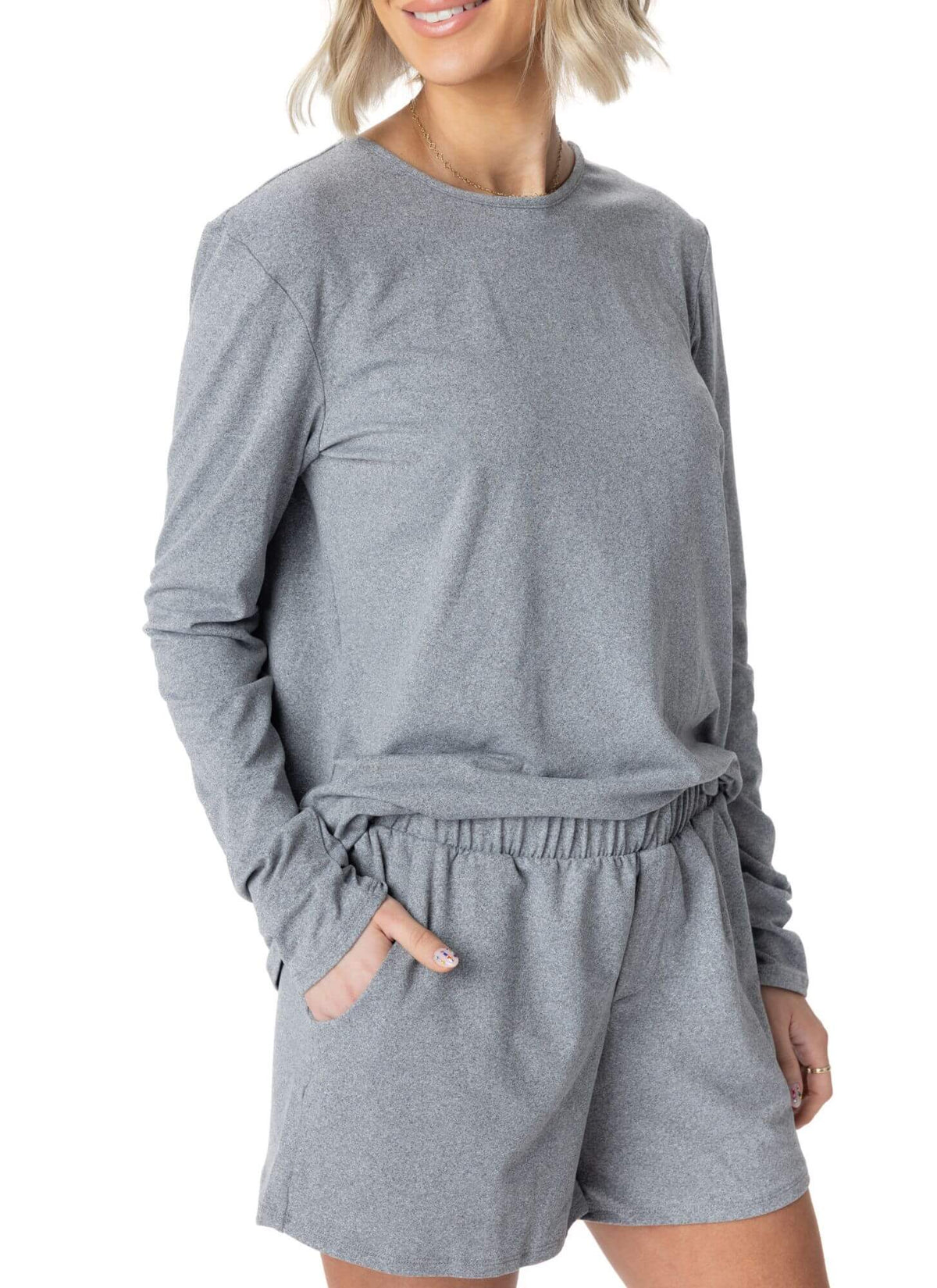 JuJu Jams Natalia Shorts in dark heather grey paired with matching long sleeve tee, front view