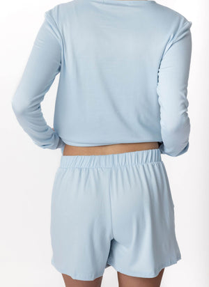 JuJu Jams Natalia Shorts in morning mist showing flat waistband, back view paired with matching tee