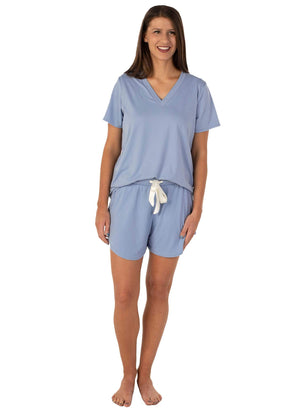 periwinkle solid women's sleep shorts with white satin drawstring